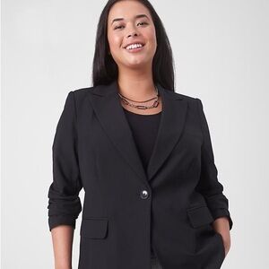 Lane Bryant Perfect Drape Blazer in gray, striped interior